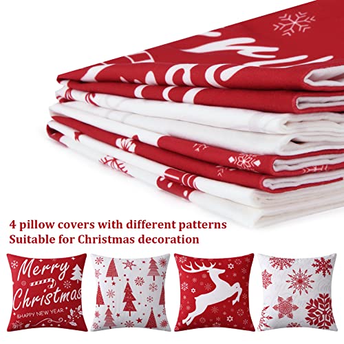 JOLLYTOP Cushion Covers Christmas Decoration Pillow Cases for Home Xmas Pillow Cover with Letter Cushion Cover in linen Look Farmhouse Pillowcovers, Pack of 4, Red,18x18