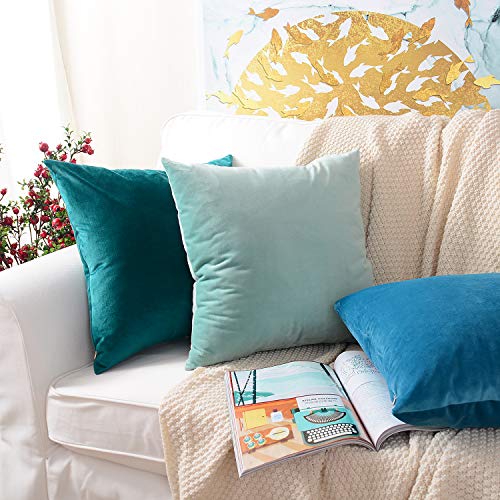 MERNETTE New Year/Christmas Decorations Velvet Soft Decorative Square Throw Pillow Cover Cushion Covers Pillowcase, Home Decor for Party/Xmas 18x18 Inch/45x45 cm, Peacock, Set of 2