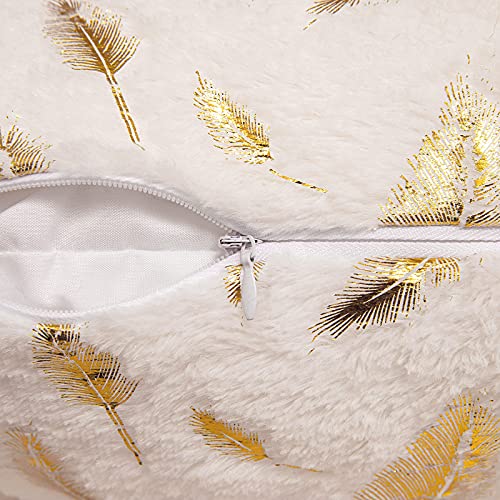 MIULEE Faux Fur Cushion Covers Fluffy Throw Pillow Covers Gold Feathers Soft Decorative White Square Luxurious Pillowcase for Livingroom Sofa Bedroom 18 x 18 Inches 45 x 45 cm Pack of 2