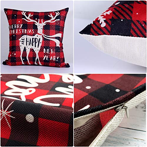 Christmas Cushion Covers Set of 4 - Red Black Tartan Xmas Cushion Covers 18x18, Linen Christmas Design Cushion Covers Christmas Square Pillowcase for Sofa Car Home Christmas Decor Xmas Decorations