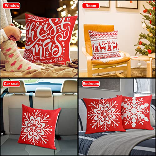 Sixome 4Pcs Christmas Pillow Case Linen Throw Pillow Covers Red White Pillow Cover Snowflake Cushion Cases Throw Cushion Cover for Home Office Sofa Bed Merry Christmas Decoration (Red+white-A)