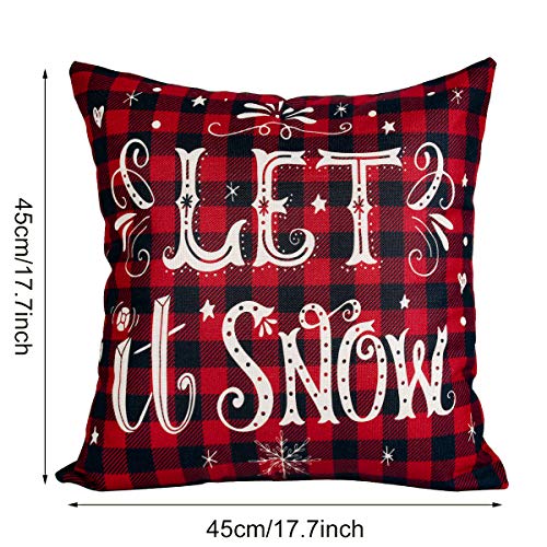 Christmas Cushion Covers Set of 4 - Red Black Tartan Xmas Cushion Covers 18x18, Linen Christmas Design Cushion Covers Christmas Square Pillowcase for Sofa Car Home Christmas Decor Xmas Decorations