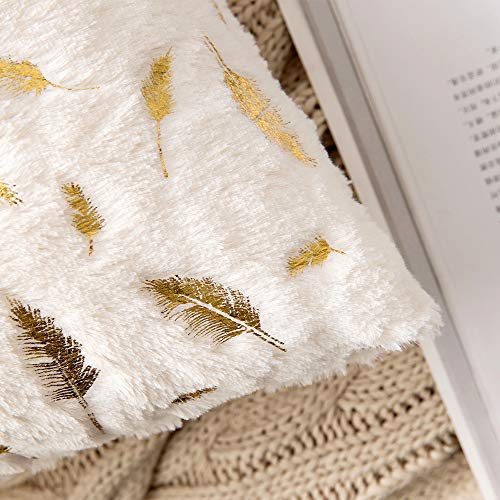 MIULEE Faux Fur Cushion Covers Fluffy Throw Pillow Covers Gold Feathers Soft Decorative White Square Luxurious Pillowcase for Livingroom Sofa Bedroom 18 x 18 Inches 45 x 45 cm Pack of 2