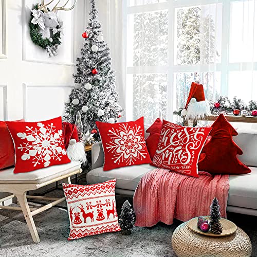 Sixome 4Pcs Christmas Pillow Case Linen Throw Pillow Covers Red White Pillow Cover Snowflake Cushion Cases Throw Cushion Cover for Home Office Sofa Bed Merry Christmas Decoration (Red+white-A)