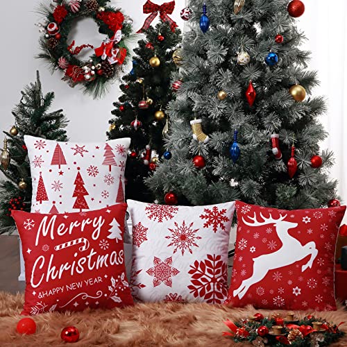 JOLLYTOP Cushion Covers Christmas Decoration Pillow Cases for Home Xmas Pillow Cover with Letter Cushion Cover in linen Look Farmhouse Pillowcovers, Pack of 4, Red,18x18