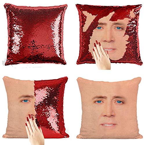 Plenty Dreams Nicolas Cage Face Reversible Sequin Cushion Cover Pillowcase A Magic Nick Cage Pillowcover Gift For Christmas and HoneyMoon (Red Sequin)