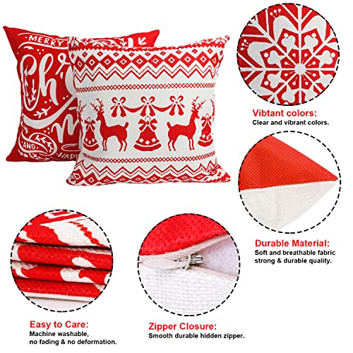 Sixome 4Pcs Christmas Pillow Case Linen Throw Pillow Covers Red White Pillow Cover Snowflake Cushion Cases Throw Cushion Cover for Home Office Sofa Bed Merry Christmas Decoration (Red+white-A)