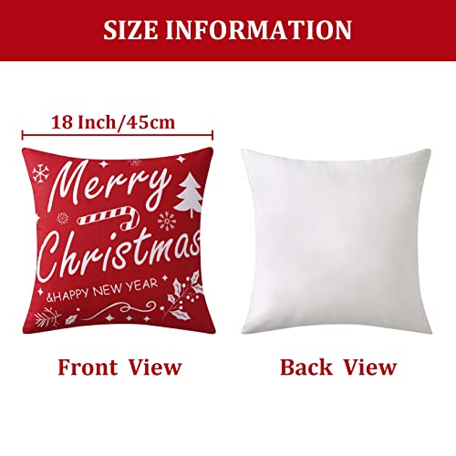 JOLLYTOP Cushion Covers Christmas Decoration Pillow Cases for Home Xmas Pillow Cover with Letter Cushion Cover in linen Look Farmhouse Pillowcovers, Pack of 4, Red,18x18