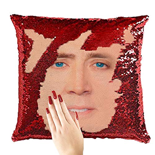 Plenty Dreams Nicolas Cage Face Reversible Sequin Cushion Cover Pillowcase A Magic Nick Cage Pillowcover Gift For Christmas and HoneyMoon (Red Sequin)