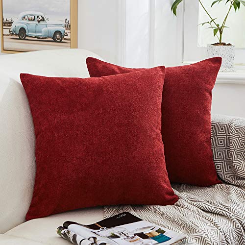 MERNETTE New Year/Christmas Decorations Thick Chenille Decorative Square Throw Pillow Cover Cushion Covers Pillowcase, Home Decor for Party/Xmas 16x16 Inch/40x40 cm, Burgundy, Set of 2