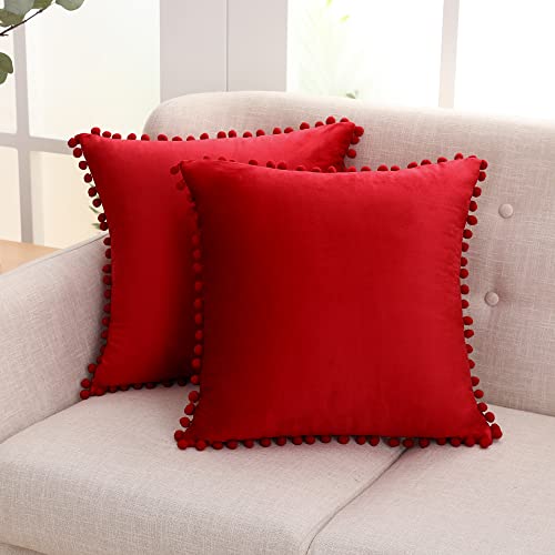 Deconovo Christmas Decorations 2 Pack Red Velvet Cushion Covers 18x18 Inches with Poms Square Throw Pillowcases for Christmas Chairs Bed with Invisible Zipper 45cm x 45cm