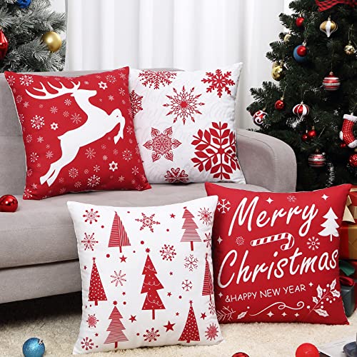 JOLLYTOP Cushion Covers Christmas Decoration Pillow Cases for Home Xmas Pillow Cover with Letter Cushion Cover in linen Look Farmhouse Pillowcovers, Pack of 4, Red,18x18