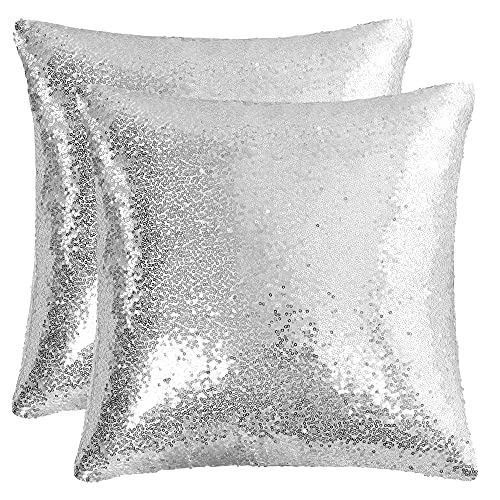 sourcing map 2 Pcs Sequin Throw Pillow Covers, Shiny Sparkling Comfy Satin Cushion Covers, Decorative Pillowcases for Party/Christmas/Thanksgiving/New Year, 40x40 cm, Silver Tone