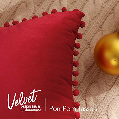 Deconovo Christmas Decorations 2 Pack Red Velvet Cushion Covers 18x18 Inches with Poms Square Throw Pillowcases for Christmas Chairs Bed with Invisible Zipper 45cm x 45cm