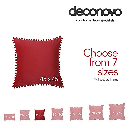 Deconovo Christmas Decorations 2 Pack Red Velvet Cushion Covers 18x18 Inches with Poms Square Throw Pillowcases for Christmas Chairs Bed with Invisible Zipper 45cm x 45cm