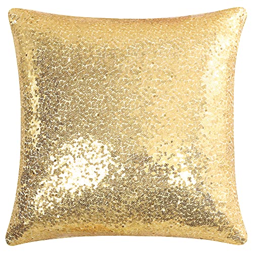 sourcing map Sequin Glitzy Cushion Covers, Shiny Satin Solid Pillow Covers 40x40cm/16x16 Inches for Christmas Wedding Party Decoration - Pale Gold Tone Throw Cushion Covers with Zipper