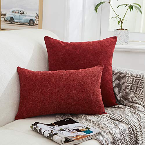 MERNETTE New Year/Christmas Decorations Thick Chenille Decorative Square Throw Pillow Cover Cushion Covers Pillowcase, Home Decor for Party/Xmas 16x16 Inch/40x40 cm, Burgundy, Set of 2