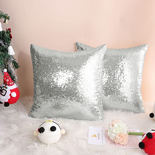sourcing map 2 Pcs Sequin Throw Pillow Covers, Shiny Sparkling Comfy Satin Cushion Covers, Decorative Pillowcases for Party/Christmas/Thanksgiving/New Year, 40x40 cm, Silver Tone