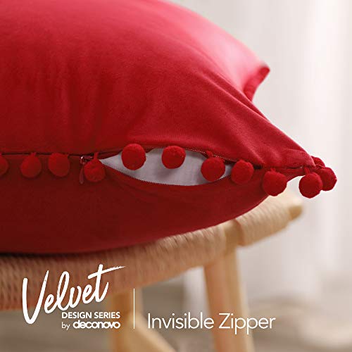 Deconovo Christmas Decorations 2 Pack Red Velvet Cushion Covers 18x18 Inches with Poms Square Throw Pillowcases for Christmas Chairs Bed with Invisible Zipper 45cm x 45cm
