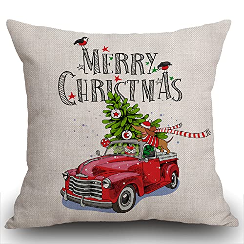 Smooffly Merry Christmas Funny Cushion Cover, Red Retro Truck with a Fir Tree Gifts and Dachshund in a Scarf Throw Pillow Case Decorative for Living Room Sofa Bed,45cmx45cm 18x18 inch