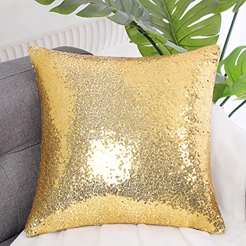 sourcing map Sequin Glitzy Cushion Covers, Shiny Satin Solid Pillow Covers 40x40cm/16x16 Inches for Christmas Wedding Party Decoration - Pale Gold Tone Throw Cushion Covers with Zipper