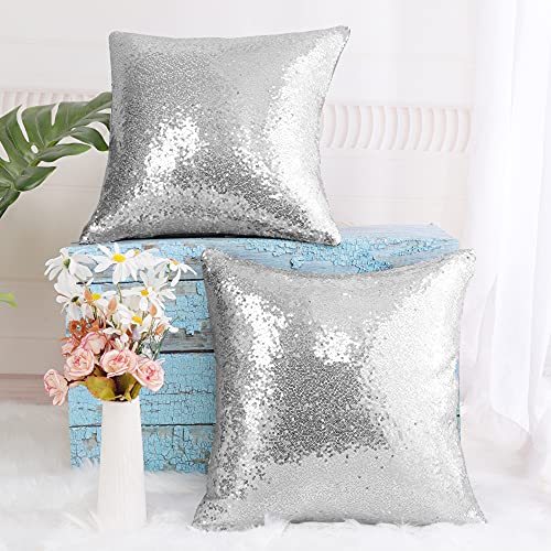sourcing map 2 Pcs Sequin Throw Pillow Covers, Shiny Sparkling Comfy Satin Cushion Covers, Decorative Pillowcases for Party/Christmas/Thanksgiving/New Year, 40x40 cm, Silver Tone