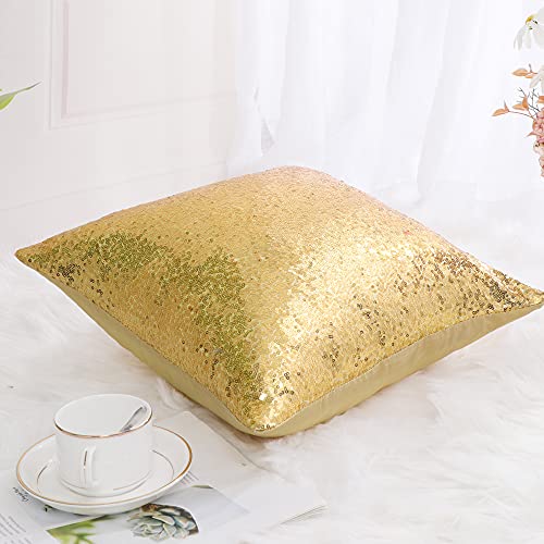 sourcing map Sequin Glitzy Cushion Covers, Shiny Satin Solid Pillow Covers 40x40cm/16x16 Inches for Christmas Wedding Party Decoration - Pale Gold Tone Throw Cushion Covers with Zipper
