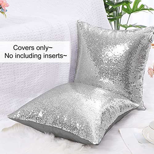 sourcing map 2 Pcs Sequin Throw Pillow Covers, Shiny Sparkling Comfy Satin Cushion Covers, Decorative Pillowcases for Party/Christmas/Thanksgiving/New Year, 40x40 cm, Silver Tone