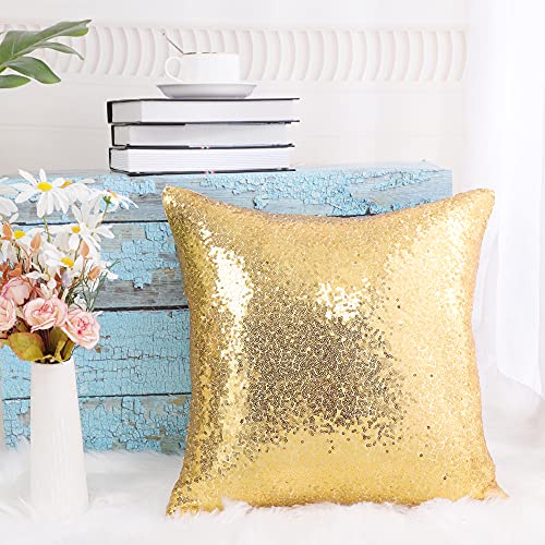 sourcing map Sequin Glitzy Cushion Covers, Shiny Satin Solid Pillow Covers 40x40cm/16x16 Inches for Christmas Wedding Party Decoration - Pale Gold Tone Throw Cushion Covers with Zipper