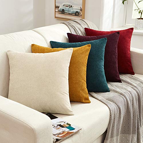 MERNETTE New Year/Christmas Decorations Thick Chenille Decorative Square Throw Pillow Cover Cushion Covers Pillowcase, Home Decor for Party/Xmas 16x16 Inch/40x40 cm, Burgundy, Set of 2