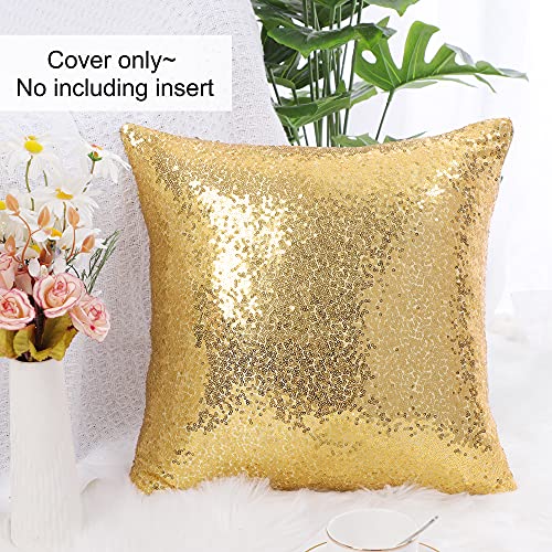 sourcing map Sequin Glitzy Cushion Covers, Shiny Satin Solid Pillow Covers 40x40cm/16x16 Inches for Christmas Wedding Party Decoration - Pale Gold Tone Throw Cushion Covers with Zipper