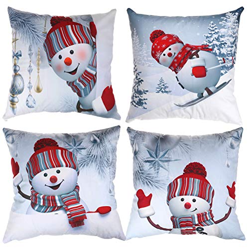 Christmas Cushion Covers Xmas Tree Throw Pillow Case Snowman Pillow Covers White Xmas Cushion Covers for Home Office Bedroom Sofa Decor Supplies, 18x18 Inch