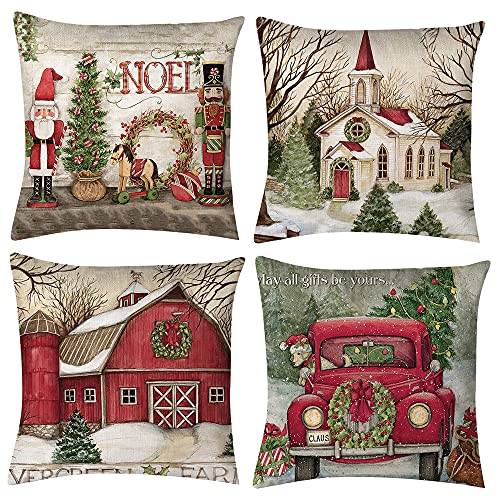 Simpkeely Christmas Pillow Covers 18 x 18 Inches Set of 4 Xmas Series Throw Pillowcase Cushion Cover Case Cotton Zipped Square Christmas Decorations