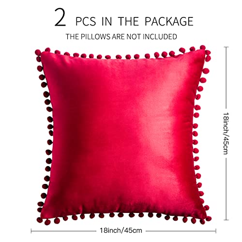 Velvet Cushion Cover 45 x 45 Set of 2 ORANIFUL Square Christmas Pillowcase with Pom Poms Decorative Throw Pillow Cases for Sofa Couch Bed Home Decor Car 18x18 Inches Red