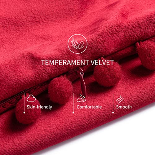 Velvet Cushion Cover 45 x 45 Set of 2 ORANIFUL Square Christmas Pillowcase with Pom Poms Decorative Throw Pillow Cases for Sofa Couch Bed Home Decor Car 18x18 Inches Red