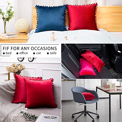 Velvet Cushion Cover 45 x 45 Set of 2 ORANIFUL Square Christmas Pillowcase with Pom Poms Decorative Throw Pillow Cases for Sofa Couch Bed Home Decor Car 18x18 Inches Red