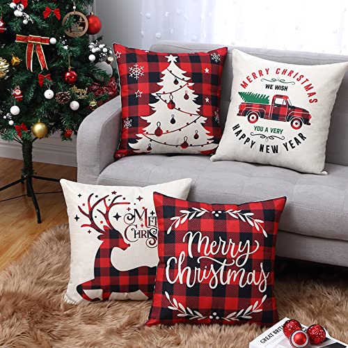CAROMIO Christmas Decorations Cushion Covers Set of 4, Red and Black Buffalo Plaid Christmas Pillow Covers 45 x 45 Christmas Pillow Cases for Sofa Home Decor 18 x 18 Inch