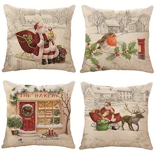 OFCASA Cushion Cover Set of 4 Christmas Cushion Cover 45 x 45 cm Cotton Linen Throw Pillow Case Xmas Decorative Pillow Cover Sofa Bed Chair Home Decor 4 PCS