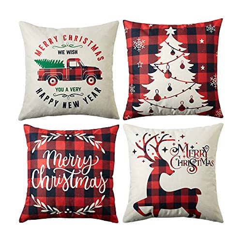 CAROMIO Christmas Decorations Cushion Covers Set of 4, Red and Black Buffalo Plaid Christmas Pillow Covers 45 x 45 Christmas Pillow Cases for Sofa Home Decor 18 x 18 Inch