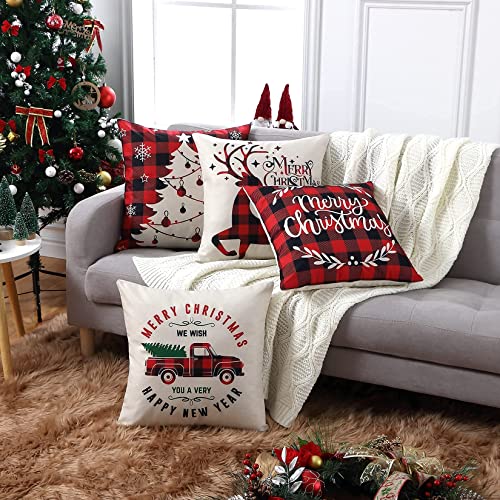CAROMIO Christmas Decorations Cushion Covers Set of 4, Red and Black Buffalo Plaid Christmas Pillow Covers 45 x 45 Christmas Pillow Cases for Sofa Home Decor 18 x 18 Inch