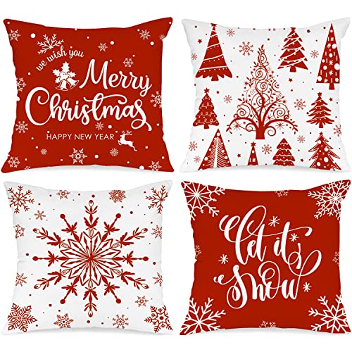 Lanpn Christmas Cushion Covers 45x45 Set of 4, Merry Christmas Winter Xmas Snowflake Decorative Holiday Throw Pillow Cases 18x18 for Outdoor Indoor Farmhouse Home Room Couch Decor (Red)