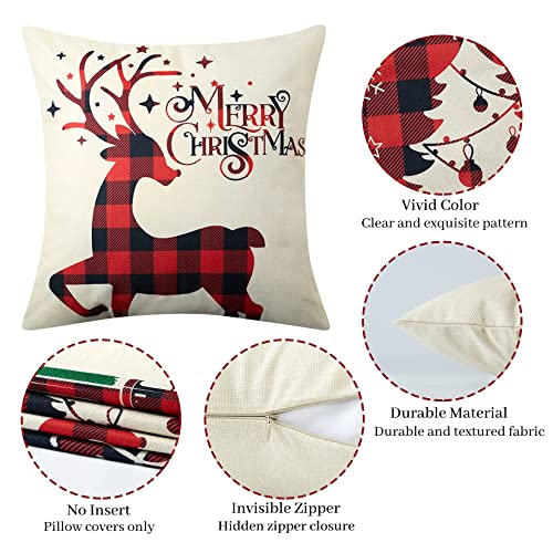 CAROMIO Christmas Decorations Cushion Covers Set of 4, Red and Black Buffalo Plaid Christmas Pillow Covers 45 x 45 Christmas Pillow Cases for Sofa Home Decor 18 x 18 Inch
