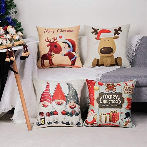 Freeas Set of 4 Christmas Pillow Cover Cotton Linen Decorative Print Christmas Tree,Christmas Deer,Santa Claus, Lovely Boy Sofa Cushion Cover for Home Christmas Favor, 18 by 18 Inches
