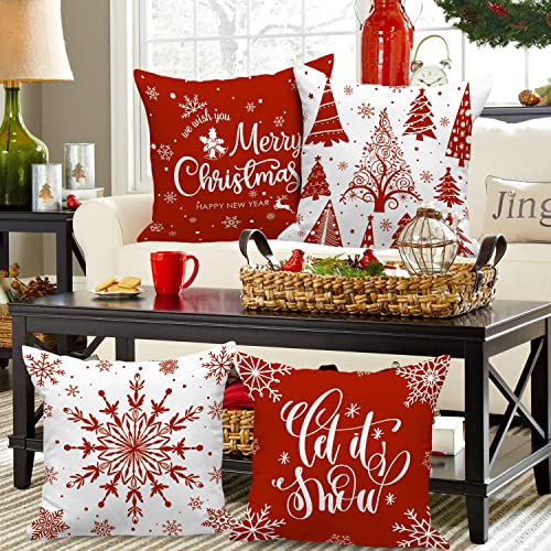 Lanpn Christmas Cushion Covers 45x45 Set of 4, Merry Christmas Winter Xmas Snowflake Decorative Holiday Throw Pillow Cases 18x18 for Outdoor Indoor Farmhouse Home Room Couch Decor (Red)