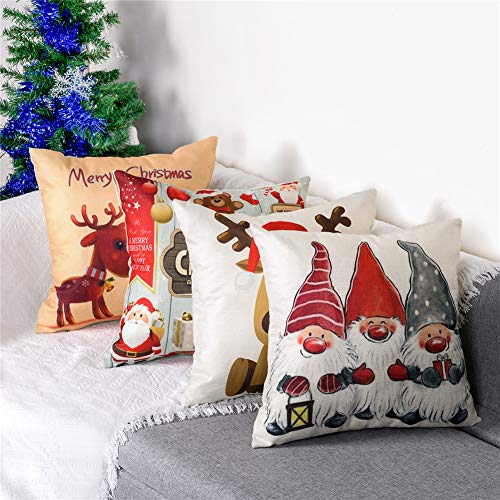 Freeas Set of 4 Christmas Pillow Cover Cotton Linen Decorative Print Christmas Tree,Christmas Deer,Santa Claus, Lovely Boy Sofa Cushion Cover for Home Christmas Favor, 18 by 18 Inches