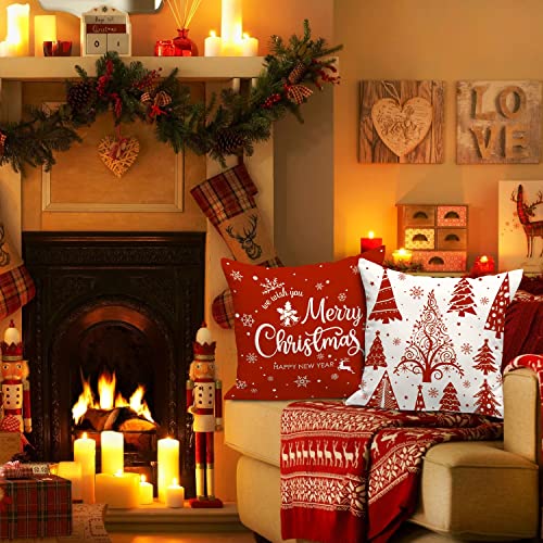 Lanpn Christmas Cushion Covers 45x45 Set of 4, Merry Christmas Winter Xmas Snowflake Decorative Holiday Throw Pillow Cases 18x18 for Outdoor Indoor Farmhouse Home Room Couch Decor (Red)