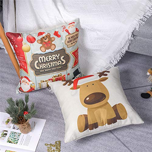 Freeas Set of 4 Christmas Pillow Cover Cotton Linen Decorative Print Christmas Tree,Christmas Deer,Santa Claus, Lovely Boy Sofa Cushion Cover for Home Christmas Favor, 18 by 18 Inches