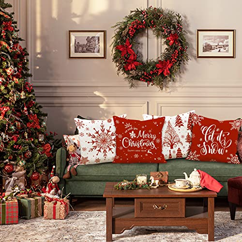 Lanpn Christmas Cushion Covers 45x45 Set of 4, Merry Christmas Winter Xmas Snowflake Decorative Holiday Throw Pillow Cases 18x18 for Outdoor Indoor Farmhouse Home Room Couch Decor (Red)