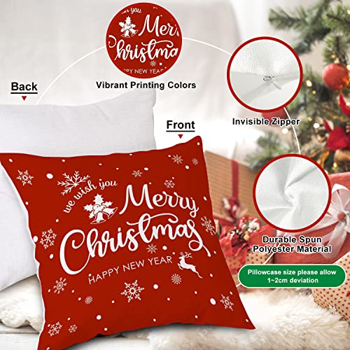 Lanpn Christmas Cushion Covers 45x45 Set of 4, Merry Christmas Winter Xmas Snowflake Decorative Holiday Throw Pillow Cases 18x18 for Outdoor Indoor Farmhouse Home Room Couch Decor (Red)