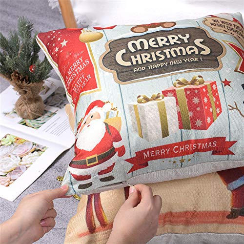 Freeas Set of 4 Christmas Pillow Cover Cotton Linen Decorative Print Christmas Tree,Christmas Deer,Santa Claus, Lovely Boy Sofa Cushion Cover for Home Christmas Favor, 18 by 18 Inches